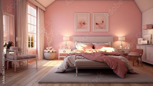 Modern bedroom interior design shabby chic 3d render