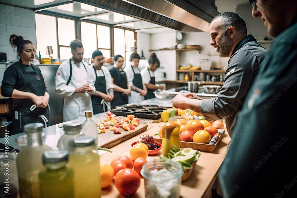 A chef teaching a cooking class, sharing culinary techniques and inspiring aspiring chefs. Generative AI