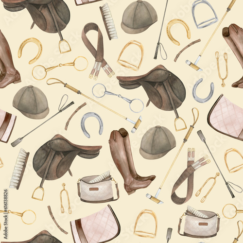 Fototapeta Naklejka Na Ścianę i Meble -  Seamless minimalistic pattern with watercolor illustrations of golden horseshoes and snaffles, saddle, boots, helmet, pad, horse polo sticks , isolated on beige background. Can be used as a print for 