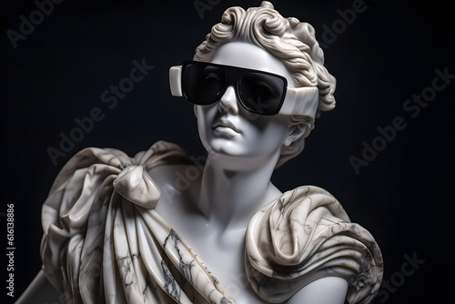 A classical marble sculpture of a Greek goddess wearing a fashionable pair of sunglasses, giving a modern twist to the timeless beauty of ancient art. Generative AI