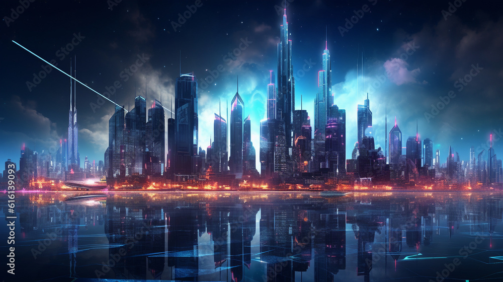 A futuristic night city in the distance glowing with neon light. Surrealistic skyscrapers. Cyberpunk, immersive world of the metaverse
