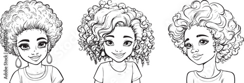 Kid coloring book character of fashion anime girl with curly , doodle, black outline, Hairdressing. Care and beauty.  Curly hairstyle. Young pretty girl. Black and white line