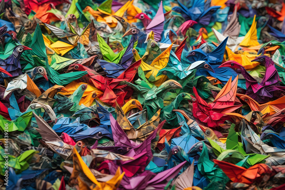 A conceptual image of a vibrant and intricate mosaic of colorful origami birds. Generative AI