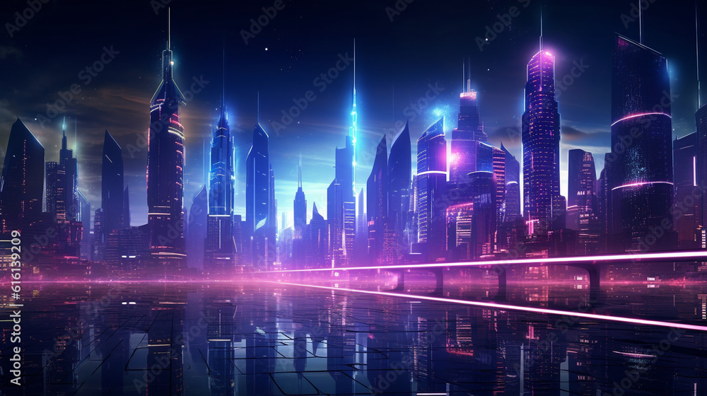 A futuristic night city in the distance glowing with neon light. Surrealistic skyscrapers. Cyberpunk, immersive world of the metaverse