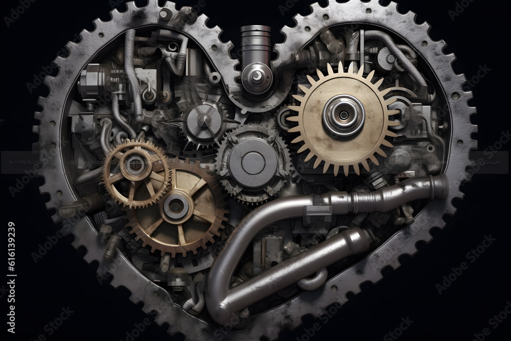 A conceptual image of a mechanical heart with detailed gears, cogs and pistons symbolizing the link between machinery and emotions. Generative AI A conceptual image of a mechanical heart with detailed gears, cogs and pistons symbolizing the link between machinery and emotions. Generative AI