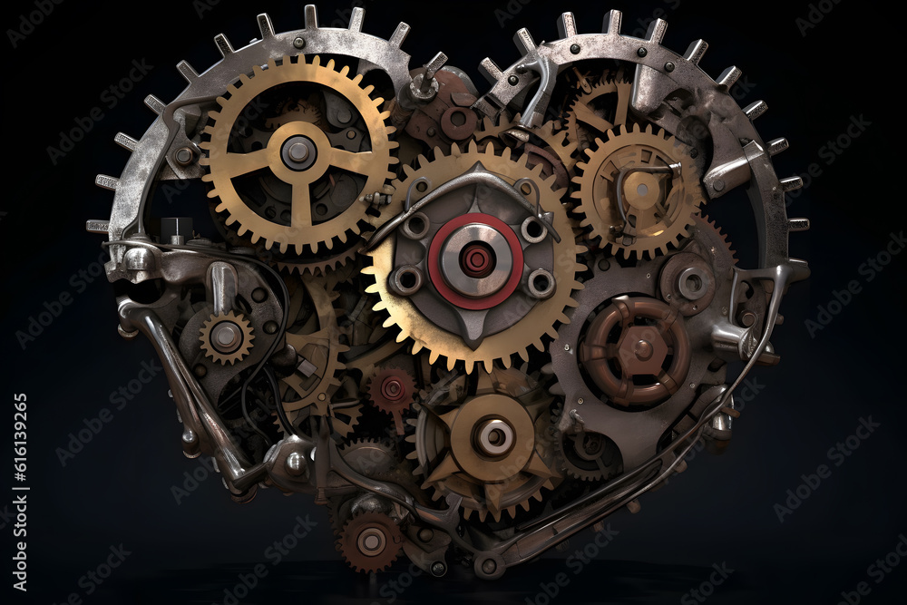 A conceptual image of a mechanical heart with detailed gears, cogs and pistons symbolizing the link between machinery and emotions. Generative AI A conceptual image of a mechanical heart with detailed gears, cogs and pistons symbolizing the link between machinery and emotions. Generative AI
