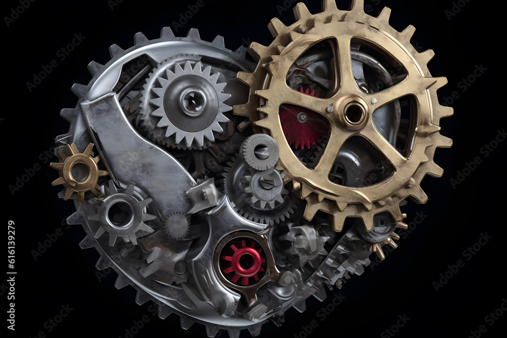 A conceptual image of a mechanical heart with detailed gears, cogs and pistons symbolizing the link between machinery and emotions. Generative AI A conceptual image of a mechanical heart with detailed gears, cogs and pistons symbolizing the link between machinery and emotions. Generative AI