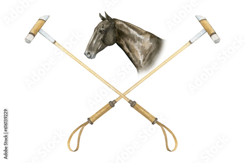 Minimalistic watercolor illustrations of horse portrait and horse polo sticks , isolated. Illustration on the theme of horse polo and equestrianism. Emblem, logo for horse club, postcard. photo