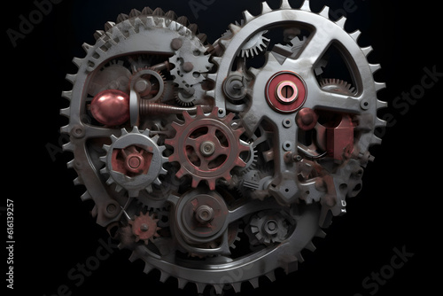 A conceptual image of a mechanical heart with detailed gears, cogs and pistons symbolizing the link between machinery and emotions. Generative AI