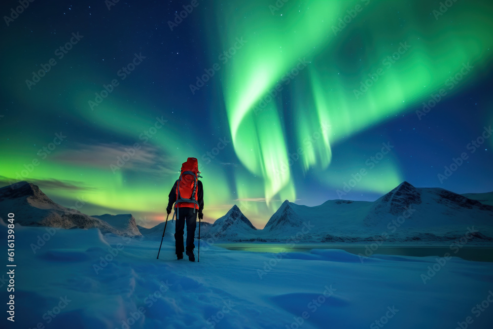 Backpackers See the Northern Lights Lofoten Islands Norway Northern Lights Mountains and Frozen Ocean Winter landscape at night. Travel to Norway. Generative AI. Backpackers See the Northern Lights Lofoten Islands Norway Northern Lights Mountains and Frozen Ocean Winter landscape at night. Travel to Norway. Generative AI.