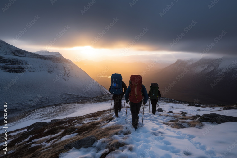 Hikers and nature explorers Walking in the mountains with a cold atmosphere Beautiful winter nature landscape with morning sun rays. Generative AI