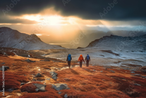 Hikers and nature explorers Walking in the mountains with a cold atmosphere Beautiful winter nature landscape with morning sun rays. Generative AI