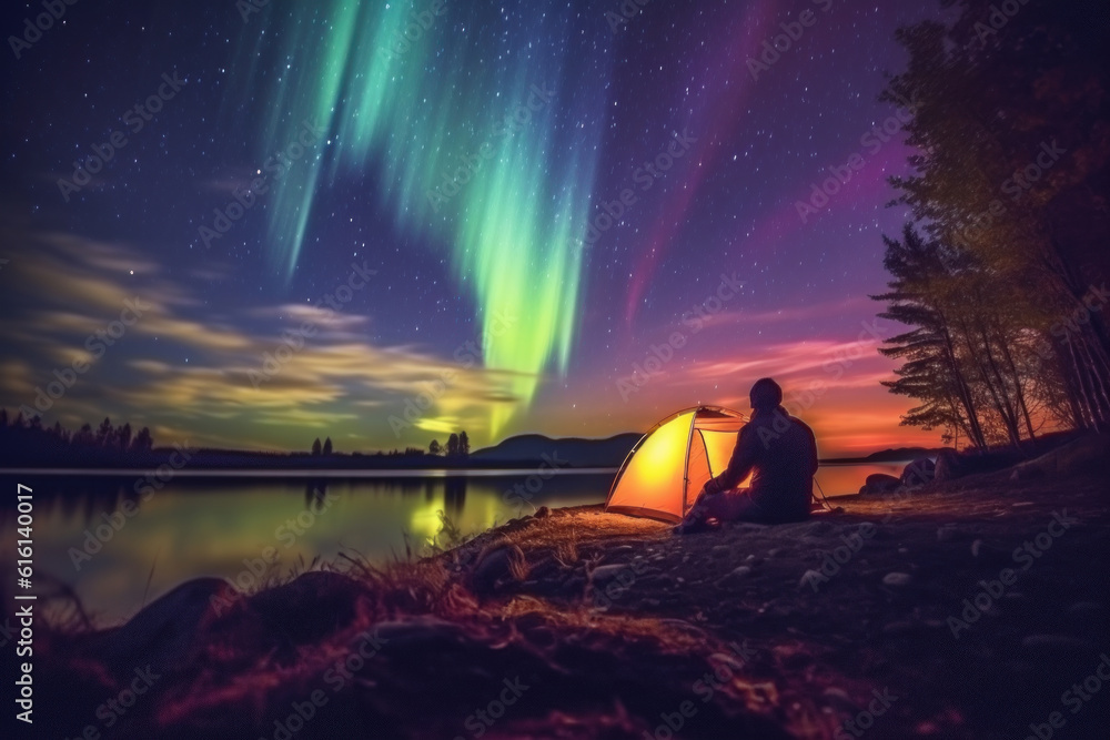 A man camps in the northern forests with a tent to view the beautiful green northern lights, mountains and a frozen ocean. winter at night. Generative AI.