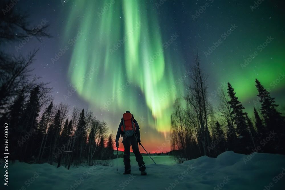 Fototapeta premium northern lights with backpackers cold atmosphere to see the northern lights ice ocean Beautiful winter nature landscape. Norway. Generative AI