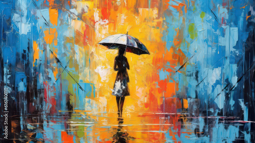 Wall Painting of the Beautiful girl with umbrella in Rainy season Walking on the rain water. AI Generative
