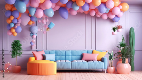 Living room full of colorful balloons for birthday decoration. AI Generative Image photo