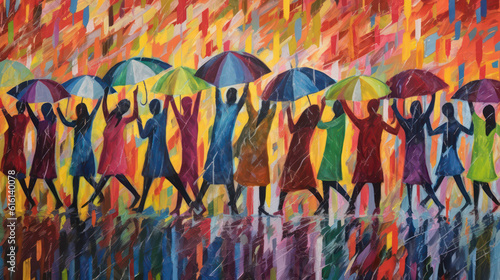 Group of Peoples dance and play in the rain, using vibrant colors and fluid lines. A joyful image that shows the exhilaration and connection with nature AI Generative