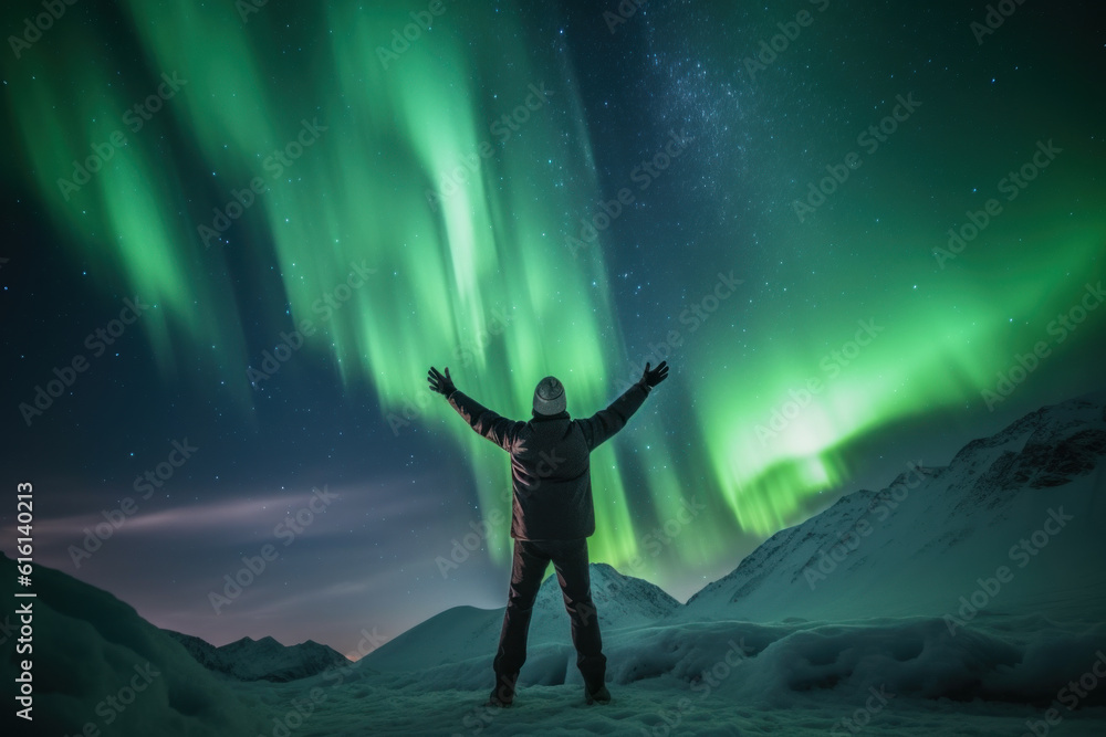 Fototapeta premium A man in the northern forest with a tent to see the beautiful green northern lights. Northern lights, mountains and winter ocean at night.Generative AI.
