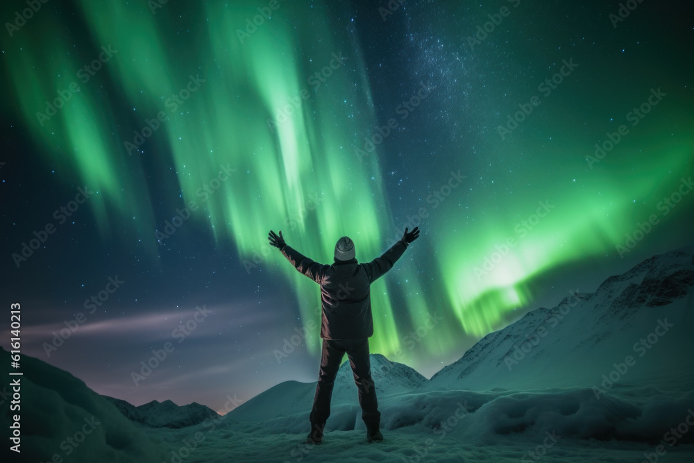 A man in the northern forest with a tent to see the beautiful green northern lights. Northern lights, mountains and winter ocean at night.Generative AI.