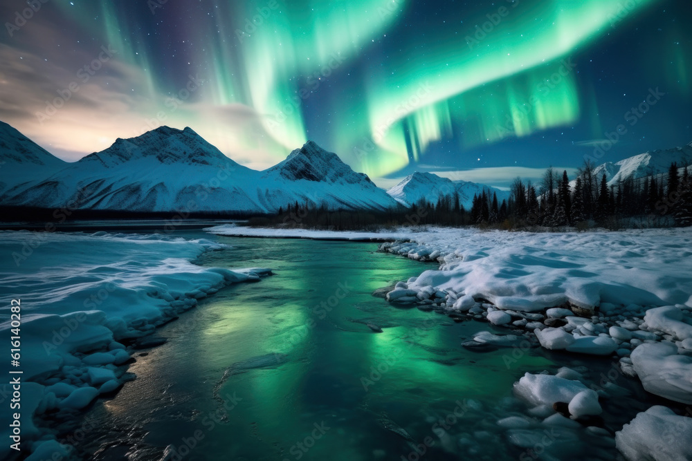 Naklejka premium northern lights beautiful green Mountains and frozen ocean, winter landscape at night. Travel to Norway. Generative AI