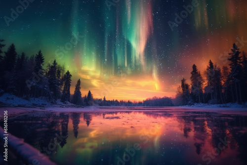 northern lights beautiful green Mountains and frozen ocean  winter landscape at night. Travel to Norway. Generative AI