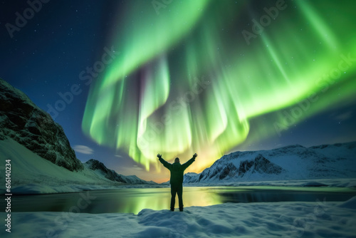 A man in the northern forest with a tent to see the beautiful green northern lights. Northern lights, mountains and winter ocean at night.Generative AI. photo