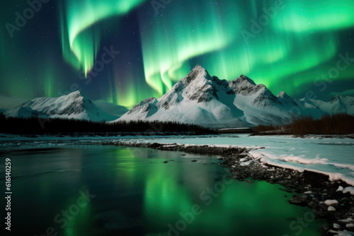 northern lights beautiful green Mountains and frozen ocean, winter landscape at night. Travel to Norway. Generative AI