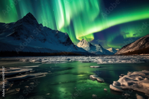 northern lights beautiful green Mountains and frozen ocean, winter landscape at night. Travel to Norway. Generative AI © เลิศลักษณ์ ทิพชัย