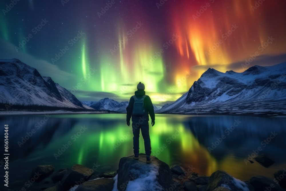 Obraz premium Backpackers See the Northern Lights Lofoten Islands Norway Northern Lights Mountains and Frozen Ocean Winter landscape at night. Travel to Norway. Generative AI.