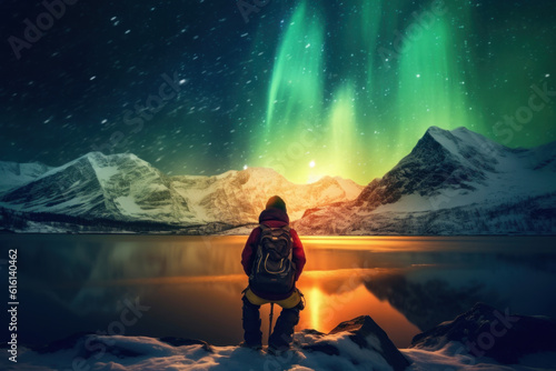 Backpackers See the Northern Lights Lofoten Islands Norway Northern Lights Mountains and Frozen Ocean Winter landscape at night. Travel to Norway. Generative AI.