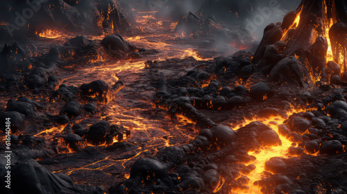 A massive earthquake splits the ground and erupts lava on a mining planet. A terrifying image that shows the danger and chaos of working on an unstable planet. AI Generative