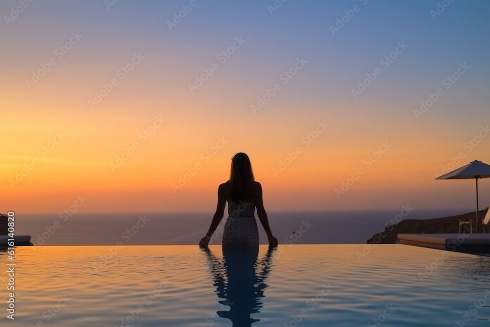 In the background of the sunset at dusk; a girl admires the scenery in the high -end hotel pool