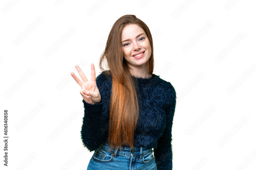 Young pretty woman over isolated chroma key background happy and counting three with fingers Young pretty woman over isolated chroma key background happy and counting three with fingers