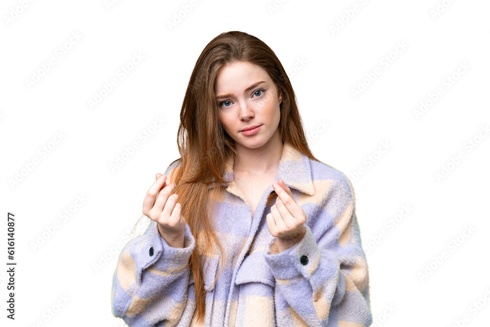 Young pretty woman over isolated chroma key background making money gesture but is ruined Young pretty woman over isolated chroma key background making money gesture but is ruined