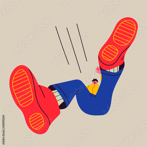 Person falling down from above. Bottom view, giant shoes. Flat style. Hand drawn Vector illustration. Fall down cartoon character. Bad luck, misfortune, failure concept. Isolated design element