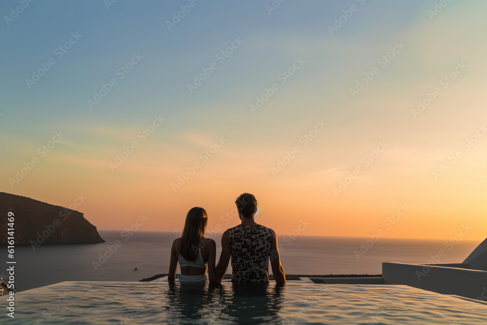 In the background of the sunset at dusk; a couple appreciate the scenery at the pool of high -end hotels