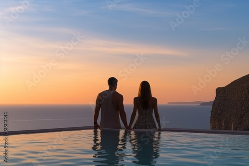 In the background of the sunset at dusk  a couple appreciate the scenery at the pool of high -end hotels