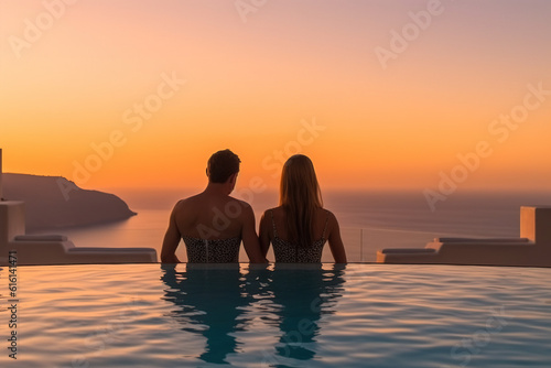 In the background of the sunset at dusk; a couple appreciate the scenery at the pool of high -end hotels