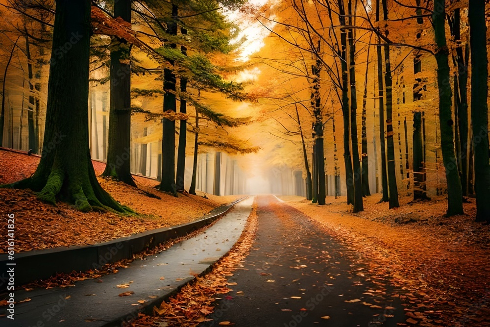 autumn in the forest road side AI Generated 