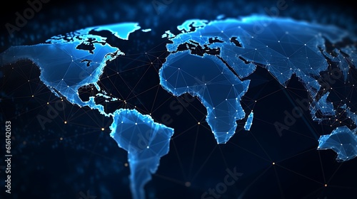 Explore the blue world map adorned with a captivating glow of the global network light. #616142053