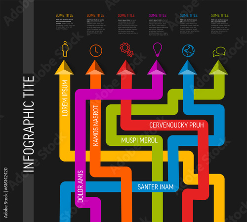 Simple infographic with six element option items and thick lines on dark background