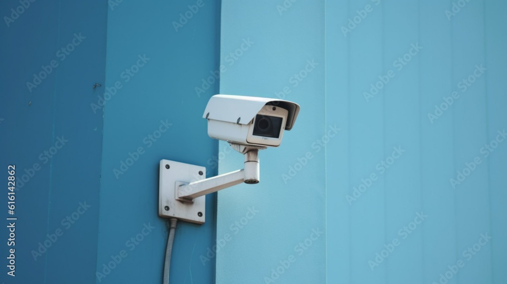 CCTV surveillance camera on a blue wall created with generative AI CCTV surveillance camera on a blue wall created with generative AI