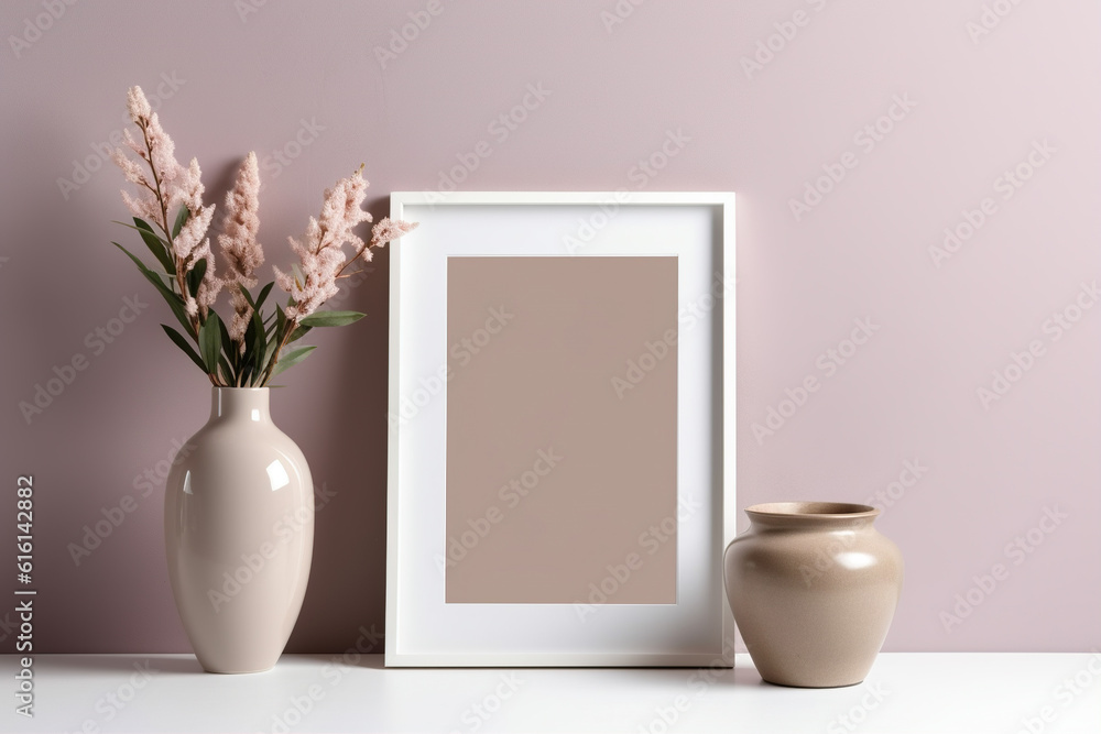 The photo frame in white and purple tones is an empty frame. and flower vase The photo frame in white and purple tones is an empty frame. and flower vase