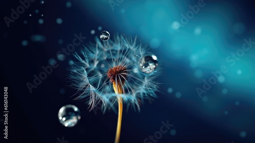 The Serenity of a Water Drop on Dandelion Parachute against Dark Blue.