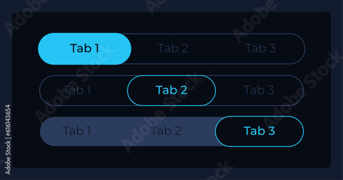 Tab bar menu UI elements kit. Page header isolated vector components. Flat navigation menus and interface buttons template. Dark theme web design widget collection for mobile application