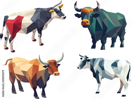 Low Polygon isometric bull, geometric pattern cow, Eid ul Adha Greetings, Bakra Eid Mubarak, Celebrations, Animal Vector Illustration, Muslim Festival