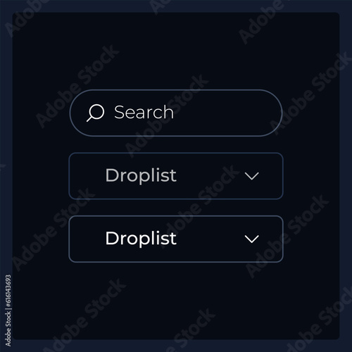 Drop down list UI elements kit. Search information isolated vector components. Flat navigation menus and interface buttons template. Dark theme web design widget collection for mobile application