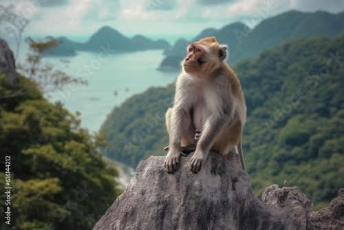 A long-tailed macaque perched on a rock during sunset, Generative Ai ©  Creative_studio