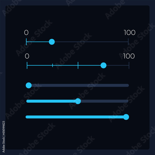 Track bar UI elements kit. Sliding scale. Setting value isolated vector components. Flat navigation menus and interface buttons template. Dark theme web design widget collection for mobile application