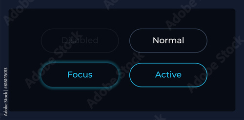 Button states UI elements kit. User interaction isolated vector components. Flat navigation menus and interface buttons template. Dark theme web design widget collection for mobile application